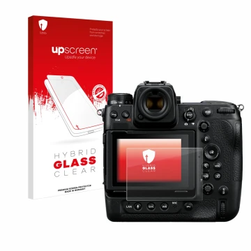 Face avant d’un emballage produit avec le logo de la marque upscreen. À côté, l’appareil Nikon Z 9 est représenté avec la prot