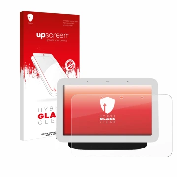 Face avant d’un emballage produit avec le logo de la marque upscreen. À côté, l’appareil Google Nest Hub 2 est représenté avec