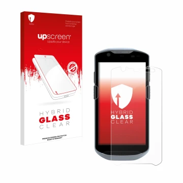Face avant d’un emballage produit avec le logo de la marque upscreen. À côté, l’appareil Zebra TC52x est représenté avec la pr