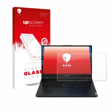 Face avant d’un emballage produit avec le logo de la marque upscreen. À côté, l’appareil Lenovo Legion 5 15.6