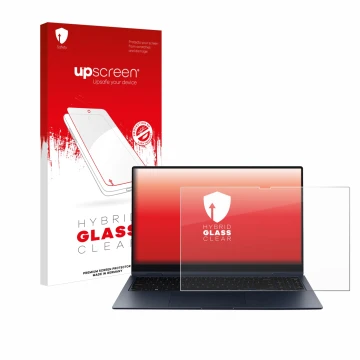 Face avant d’un emballage produit avec le logo de la marque upscreen. À côté, l’appareil Samsung Galaxy Book Pro 360 15