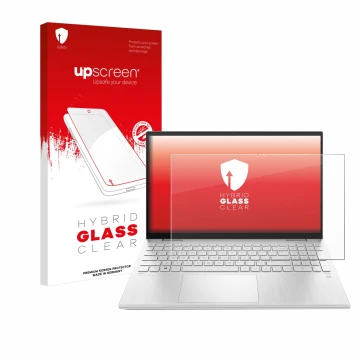 Face avant d’un emballage produit avec le logo de la marque upscreen. À côté, l’appareil HP Pavilion x360 (15-erX) est représe