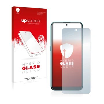 Face avant d’un emballage produit avec le logo de la marque upscreen. À côté, l’appareil Nokia X20 est représenté avec la prot