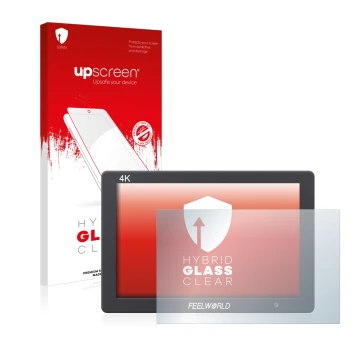 Face avant d’un emballage produit avec le logo de la marque upscreen. À côté, l’appareil Feelworld FW279 7