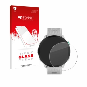 Face avant d’un emballage produit avec le logo de la marque upscreen. À côté, l’appareil Garmin Forerunner 55 est représenté a