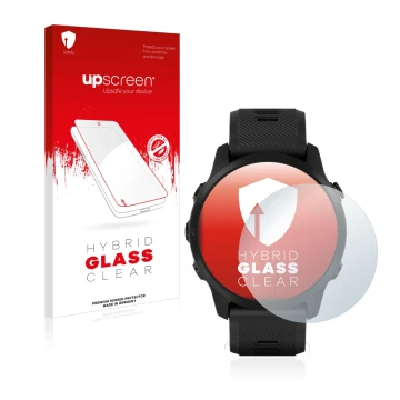 Face avant d’un emballage produit avec le logo de la marque upscreen. À côté, l’appareil Garmin Forerunner 945 LTE est représe