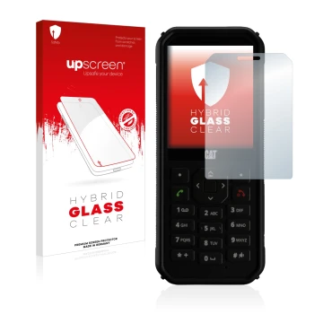 Face avant d’un emballage produit avec le logo de la marque upscreen. À côté, l’appareil Caterpillar Cat B40 est représenté av