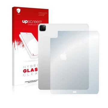 Face avant d’un emballage produit avec le logo de la marque upscreen. À côté, l’appareil Apple iPad 12.9