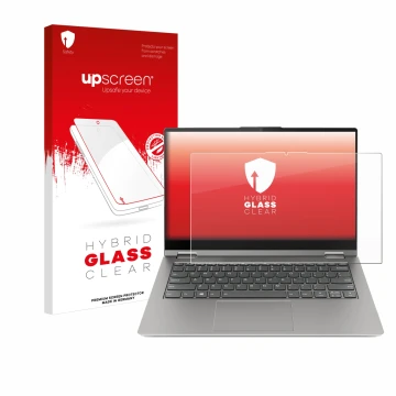 Face avant d’un emballage produit avec le logo de la marque upscreen. À côté, l’appareil Lenovo ThinkBook 14s Yoga est représe