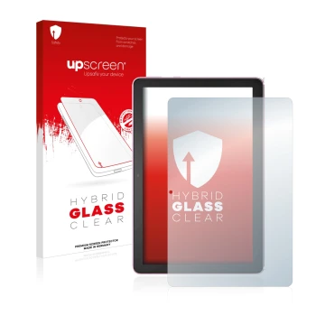 Face avant d’un emballage produit avec le logo de la marque upscreen. À côté, l’appareil Amazon Fire HD 10 Plus 2021 (11ème Ge
