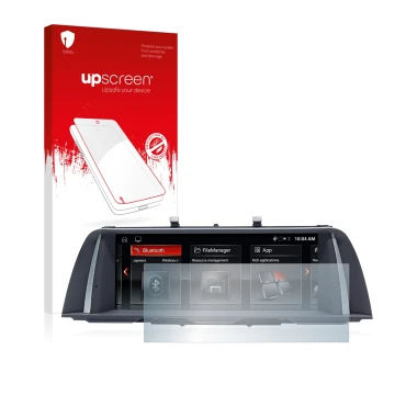 Face avant d’un emballage produit avec le logo de la marque upscreen. À côté, l’appareil BMW 5 F10 2014 Professional 10,2