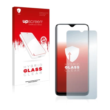 Face avant d’un emballage produit avec le logo de la marque upscreen. À côté, l’appareil realme C11 2021 est représenté avec l