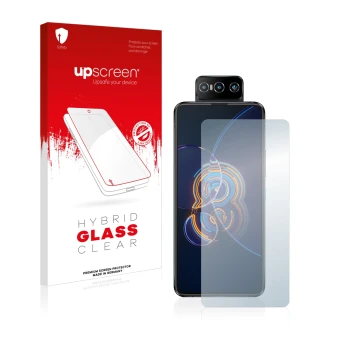 Face avant d’un emballage produit avec le logo de la marque upscreen. À côté, l’appareil ASUS ZenFone 8 Flip est représenté av