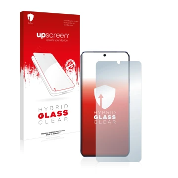 Face avant d’un emballage produit avec le logo de la marque upscreen. À côté, l’appareil Vivo V21 5G est représenté avec la pr