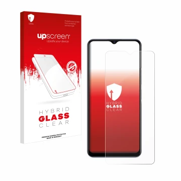 Face avant d’un emballage produit avec le logo de la marque upscreen. À côté, l’appareil Vivo Y72 5G est représenté avec la pr