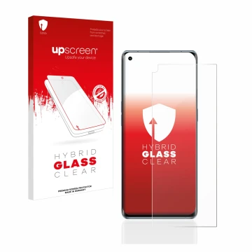 Face avant d’un emballage produit avec le logo de la marque upscreen. À côté, l’appareil Oppo Reno 6 Pro Plus 5G est représent