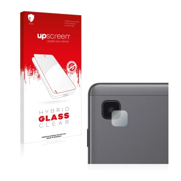 Face avant d’un emballage produit avec le logo de la marque upscreen. À côté, l’appareil Samsung Galaxy Tab A7 Lite Wi-Fi 2021