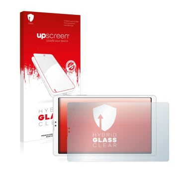 Face avant d’un emballage produit avec le logo de la marque upscreen. À côté, l’appareil Samsung Galaxy Tab A7 Lite LTE 2021 (