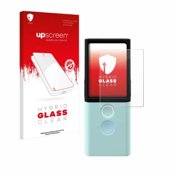 Face avant d’un emballage produit avec le logo de la marque upscreen. À côté, l’appareil Vasco Translator M3 est représenté av