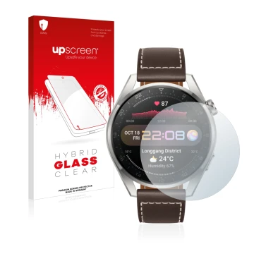 Face avant d’un emballage produit avec le logo de la marque upscreen. À côté, l’appareil Huawei Watch 3 Pro est représenté ave