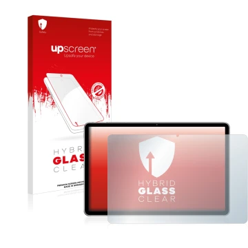 Face avant d’un emballage produit avec le logo de la marque upscreen. À côté, l’appareil Huawei MatePad 11 (2021) est représen