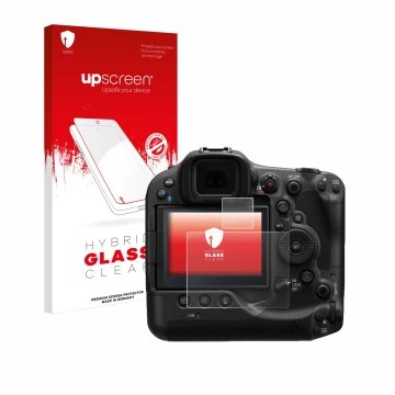 Face avant d’un emballage produit avec le logo de la marque upscreen. À côté, l’appareil Canon EOS R3 est représenté avec la p