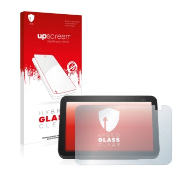 Face avant d’un emballage produit avec le logo de la marque upscreen. À côté, l’appareil Amazon Echo Show 8 2021 (2e Gen.) est