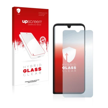 Face avant d’un emballage produit avec le logo de la marque upscreen. À côté, l’appareil Motorola Defy 2021 est représenté ave