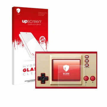 Face avant d’un emballage produit avec le logo de la marque upscreen. À côté, l’appareil Nintendo Game & Watch Super Mario Bro