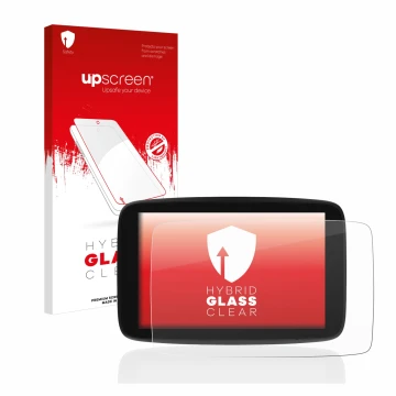Face avant d’un emballage produit avec le logo de la marque upscreen. À côté, l’appareil TomTom Go Expert 7