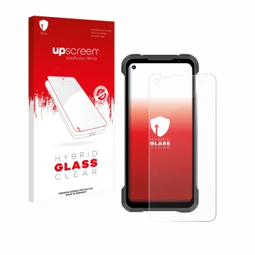 Face avant d’un emballage produit avec le logo de la marque upscreen. À côté, l’appareil Doogee S97 Pro est représenté avec la