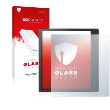 Face avant d’un emballage produit avec le logo de la marque upscreen. À côté, l’appareil Kobo Elipsa est représenté avec la pr