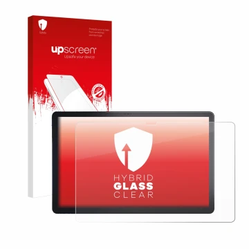 Face avant d’un emballage produit avec le logo de la marque upscreen. À côté, l’appareil Lenovo Tab P11 Plus est représenté av