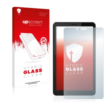 Face avant d’un emballage produit avec le logo de la marque upscreen. À côté, l’appareil Lenovo Tab M7 (3ème Gen.) est représe