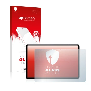 Face avant d’un emballage produit avec le logo de la marque upscreen. À côté, l’appareil Huawei MatePad Pro 12.6 WiFi (2021) e