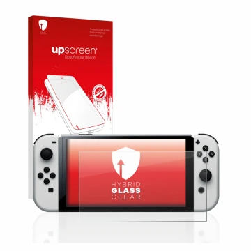 Face avant d’un emballage produit avec le logo de la marque upscreen. À côté, l’appareil Nintendo Switch OLED-Modell est repré