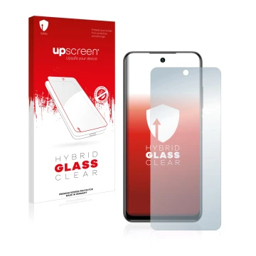 Face avant d’un emballage produit avec le logo de la marque upscreen. À côté, l’appareil Xiaomi Redmi Note 10T 5G est représen