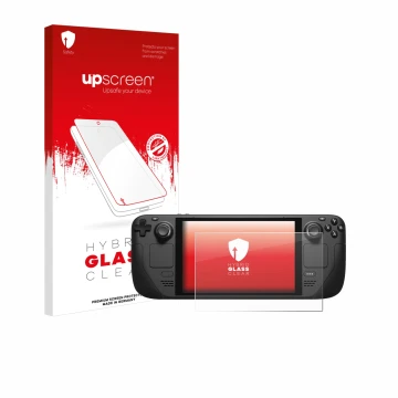 Face avant d’un emballage produit avec le logo de la marque upscreen. À côté, l’appareil Valve Steam Deck est représenté avec 