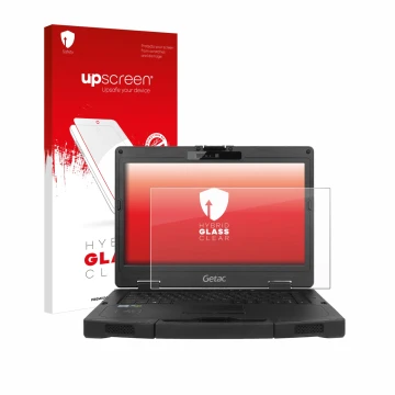 Face avant d’un emballage produit avec le logo de la marque upscreen. À côté, l’appareil Getac S410 est représenté avec la pro