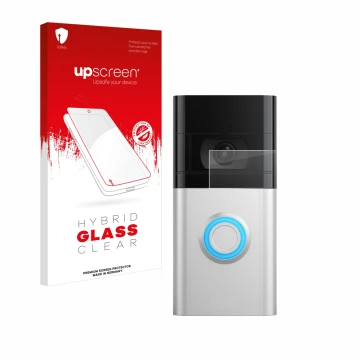 Face avant d’un emballage produit avec le logo de la marque upscreen. À côté, l’appareil Ring Video Doorbell 4 est représenté 