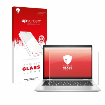 Face avant d’un emballage produit avec le logo de la marque upscreen. À côté, l’appareil HP ProBook x360 435 G8 est représenté