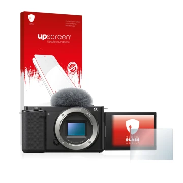 Face avant d’un emballage produit avec le logo de la marque upscreen. À côté, l’appareil Sony Alpha ZV-E10 est représenté avec
