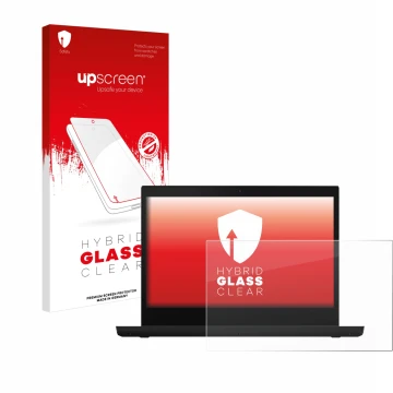 Face avant d’un emballage produit avec le logo de la marque upscreen. À côté, l’appareil Lenovo ThinkPad L14 Gen 2 est représe