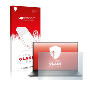 Face avant d’un emballage produit avec le logo de la marque upscreen. À côté, l’appareil Dell XPS 15 9510 Non-Touch est représ