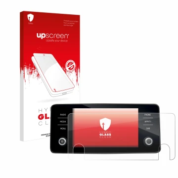 Face avant d’un emballage produit avec le logo de la marque upscreen. À côté, l’appareil Skoda Bolero 2020 Infotainment System