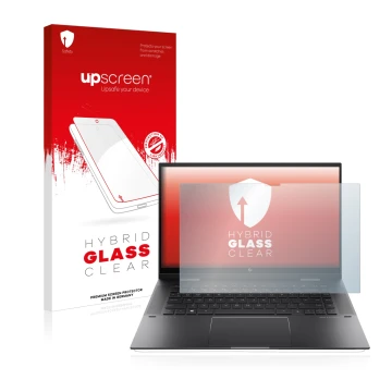 Face avant d’un emballage produit avec le logo de la marque upscreen. À côté, l’appareil HP Envy x360 (15-eX) (359 mm x 228.2 