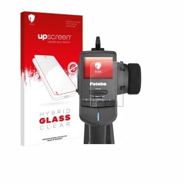 Face avant d’un emballage produit avec le logo de la marque upscreen. À côté, l’appareil Futaba T3PV est représenté avec la pr