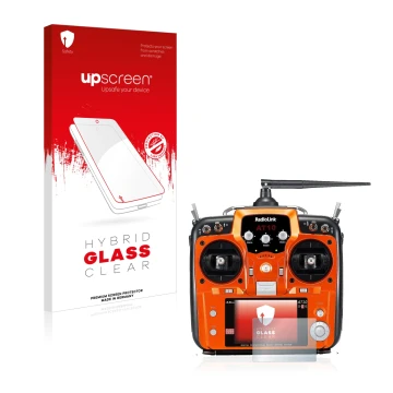 Face avant d’un emballage produit avec le logo de la marque upscreen. À côté, l’appareil RadioLink AT10II est représenté avec 