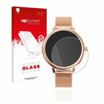 Face avant d’un emballage produit avec le logo de la marque upscreen. À côté, l’appareil Naixues Smartwatch CF80 1.08