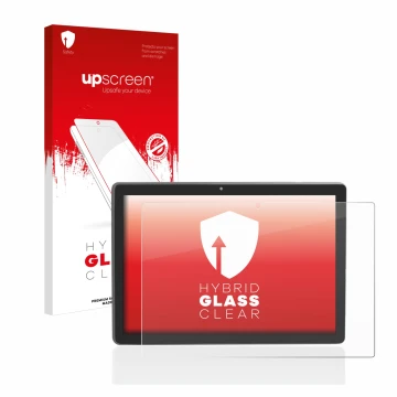 Face avant d’un emballage produit avec le logo de la marque upscreen. À côté, l’appareil Majestic Tab-912 4G est représenté av